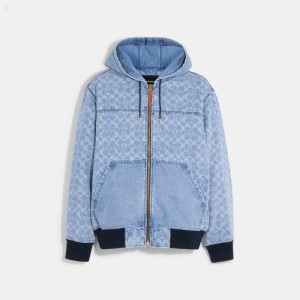 Coach Signature Denim Hooded Zip Up Jacket - Men's Jackets - Light Wash | EGGG5882