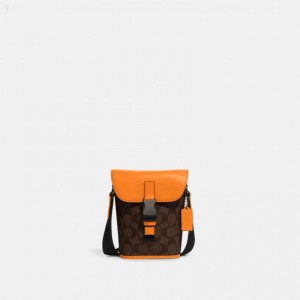 Coach Track Small Flap Crossbody In Signature Canvas - Men's Crossbody Bags - Mahogany / Bright Mandarin | QVDH5046