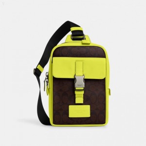 Coach Track Pack In Colorblock Signature Canvas - Men's Crossbody Bags - Mahogany / Bright Yellow | NXGD1311