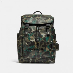 Coach League Flap Backpack With Camo Print - Men's Backpacks - Matte Black / Green / Blue | WDIR1960