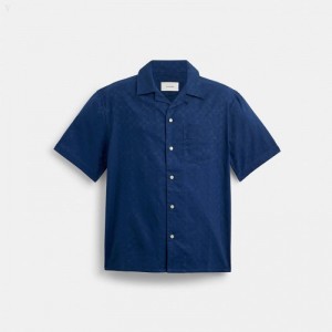 Coach Jacquard Camp Shirt - Men's Shirts - Navy | HQWD8434