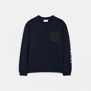 Coach Long Sleeve T Shirt In Organic Cotton - Men's T Shirts - Navy | CKJH2448