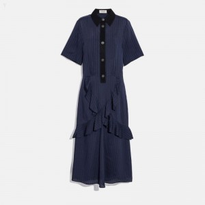 Coach Striped Long Ruffle Shirt Dress - Women's Dress - Navy | CMKU2426