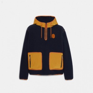 Coach Sherpa Half Zip Hoodie - Men's Hoodie - Navy / Butterscotch | KXYN2149