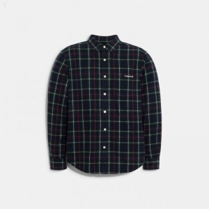 Coach Flannel Shirt - Men's Shirts - Navy / Green Multicolor | EUBK4398