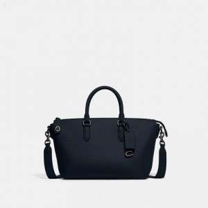 Coach Cara Satchel - Women's Handbag - Pewter / Deep Navy | FXUI9427