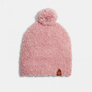 Coach Fleece Textured Pom Beanie - Women's Hats - Pink | UNNJ2356