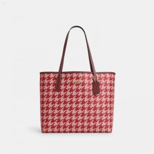 Coach City Tote With Houndstooth Print - Women's Tote Bags - Pink / Red | QNNY6981