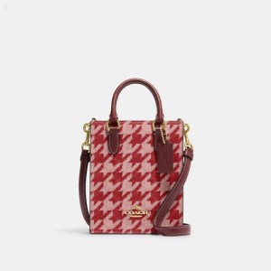 Coach North South Mini Tote With Houndstooth Print - Women's Crossbody Bags - Pink / Red | WMKI9159