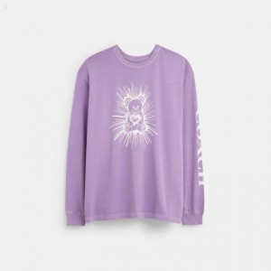 Coach Bear Graphic Relaxed Longsleeve T Shirt - Men's T Shirts - Purple | DZLT8502