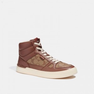 Coach Clip Court High Top Sneaker In Signature Canvas - Men's Sneakers - Saddle | XWZN7914