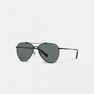 Coach Signature Metal Aviator Sunglasses - Men's Sunglasses - Satin Black | MLEV6515