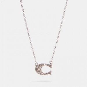 Coach Pave Signature Necklace - Women's Jewelry - Silver | FBMJ5019