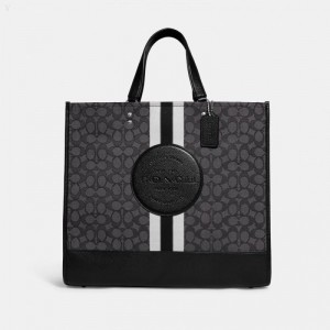 Coach Dempsey Tote 40 In Signature Jacquard With Stripe And Coach Patch - Women's Tote Bags - Silver / Black Smoke Black Multicolor | IGLM8827