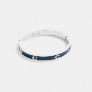 Coach Pegged Signature Hinged Bangle - Women's Jewelry - Silver / Blue | FBSE0840