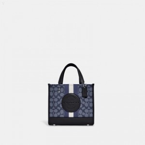 Coach Dempsey Tote 22 In Signature Jacquard With Stripe And Coach Patch - Women's Tote Bags - Silver / Blue / Deep Navy Multicolor | EUDI3896
