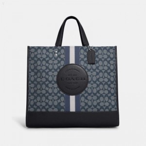 Coach Dempsey Tote 40 In Signature Jacquard With Stripe And Coach Patch - Women's Tote Bags - Silver / Blue / Deep Navy Multicolor | NOJP4963