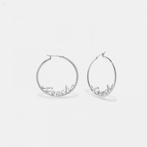 Coach Logo Script Hoop Earrings - Women's Jewelry - Silver / Crystal | DYWI0801
