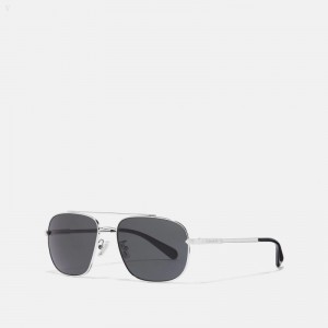 Coach Eli Navigator Sunglasses - Men's Sunglasses - Silver / Dark Grey | QLSK4383