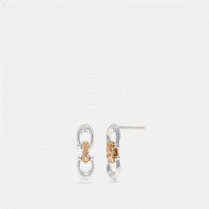 Coach Linked Signature Stud Earrings - Women's Jewelry - Silver / Gold | UNAW5348
