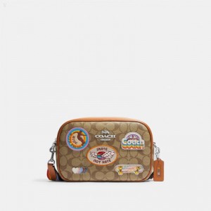 Coach Jamie Camera Bag In Signature Canvas With Patches - Women's Crossbody Bags - Silver / Khaki Multicolor | LIIC8501
