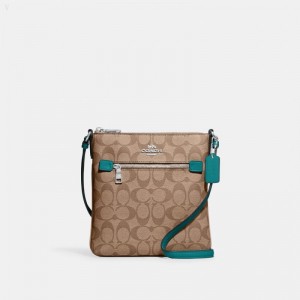 Coach Mini Rowan File Bag In Signature Canvas - Women's Crossbody Bags - Silver / Khaki / Teal | VRRB0895