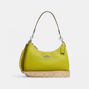 Coach Teri Hobo With Signature Canvas - Women's Shoulder Bags - Silver / Light Khaki / Key Light Green | JEGT7505