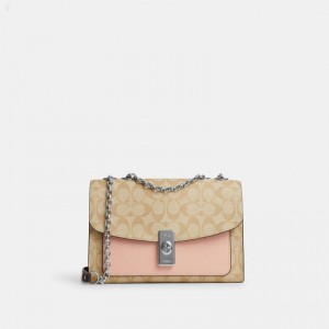 Coach Lane Shoulder Bag In Colorblock Signature Canvas - Women's Shoulder Bags - Silver / Light Khaki / Light Raspberry Multicolor | ETFT0619