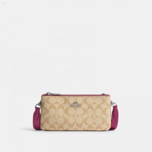 Coach Double Zip Crossbody In Signature Canvas - Women's Crossbody Bags - Silver / Light Khaki / Light Raspberry | OCEF4950