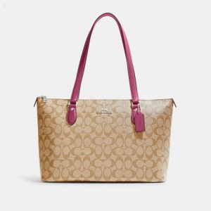 Coach Gallery Tote In Signature Canvas - Women's Tote Bags - Silver / Light Khaki / Light Raspberry | UKII3063