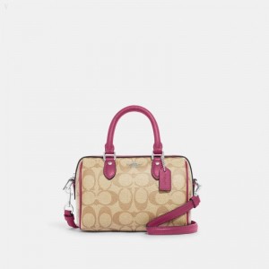 Coach Mini Rowan Crossbody In Signature Canvas - Women's Crossbody Bags - Silver / Light Khaki / Light Raspberry | HEKK1353