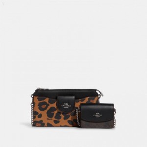 Coach Poppy Crossbody With Card Case With Leopard Print And Signature Canvas - Women's Crossbody Bags - Silver / Light Saddle Multicolor | BLLJ2930