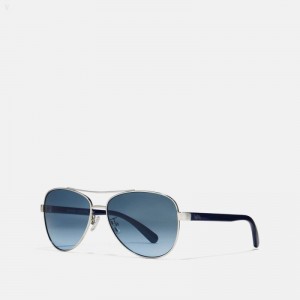 Coach Horse And Carriage Pilot Sunglasses - Women's Sunglasses - Silver / Navy | DVHI6298