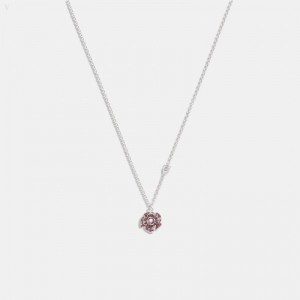 Coach Sparkling Rose Pendant Necklace - Women's Jewelry - Silver / Pink | XYDB0750