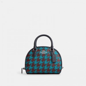 Coach Sydney Satchel With Houndstooth Print - Women's Satchel Bags - Silver / Teal / Wine | NHPM4110