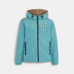 Coach Reversible Full Zip Windbreaker - Men's Coats - Teal / Khaki | WCZJ3644