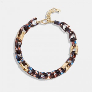 Coach Chunky Signature Link Necklace - Women's Jewelry - Tortoise / Blue | MKHZ1428