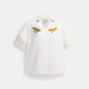 Coach Coach X Observed By Us Short Sleeve Button Down Shirt - Women's Shirts - White | XCGF6363