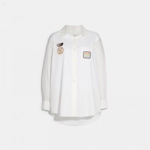 Coach Patch Button Down Shirt - Women's Shirts - White | RCEK3971